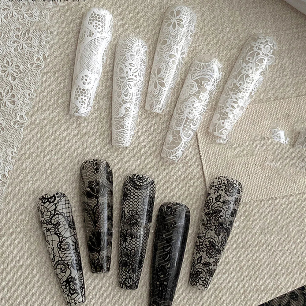 4X25cm-10rolls Sexy Black White Lace Nail Foils Untra-Thin White&Black Lace Flowers Nail Transfer Paper For Wedding Bride Decal