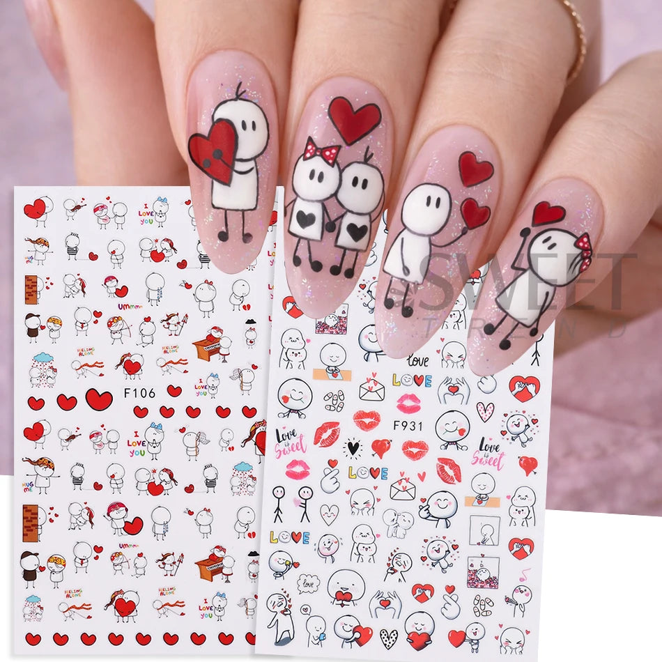 4pcs Valentine's Day Nails Stickers Cute Cartoon Love Heart Line Sliders for Nail DIY Design Self Adhesive Decals Manicure Decor