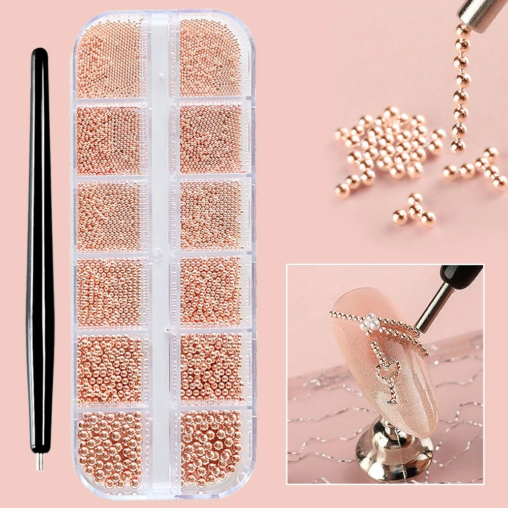 12Grids Gold/Silver Steel Beads Nail Art Charms Christmas Mixed-Size Caviar Bead With 1 Magnetic Pen Manicure Decor Rhinestones