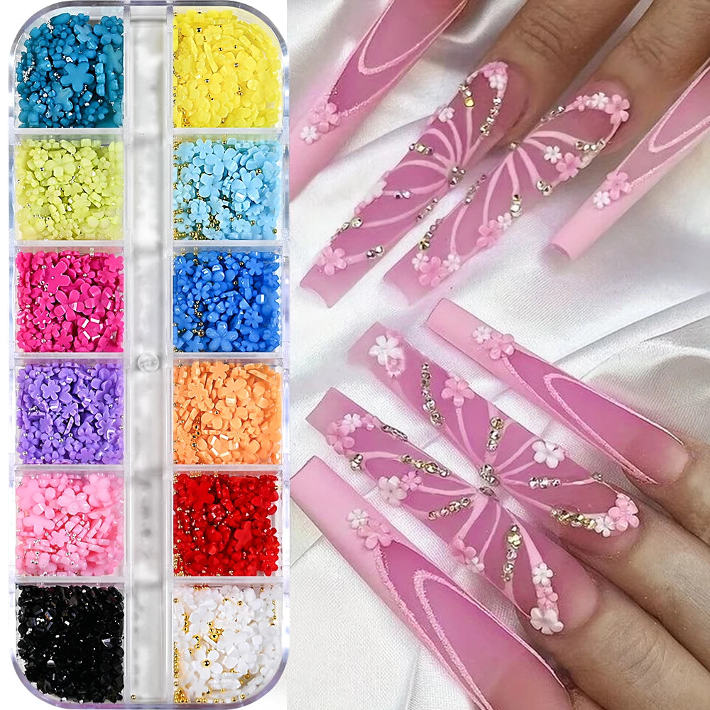 12Grids Ocean Gold Nail Art Charms Shell/Seahorse/Starfish White Half Round Pearl Gems 3D Mixed Punk Manicure Metal Rivets Studs
