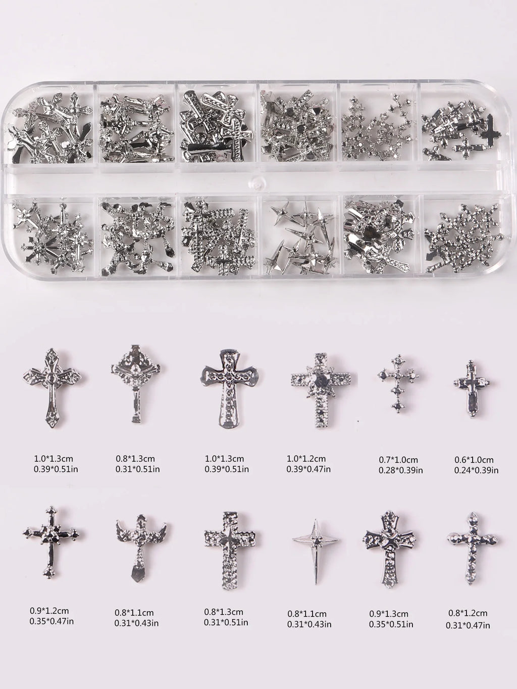 TSZS 12 Grids Y2K Silver Cross Nail Art Charms Mix Design Punk Starlight Cross with Wing Nail Decoration