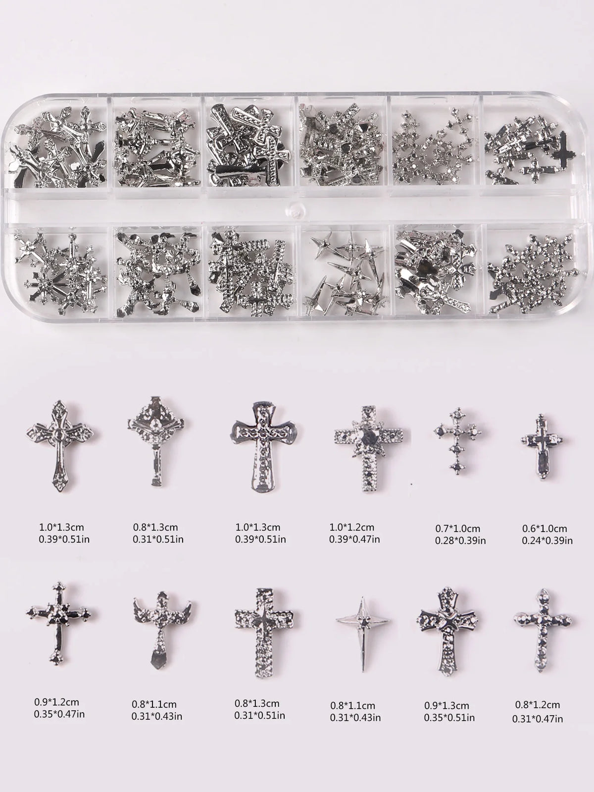 TSZS 12 Grids Y2K Silver Cross Nail Art Charms Mix Design Punk Starlight Cross with Wing Nail Decoration