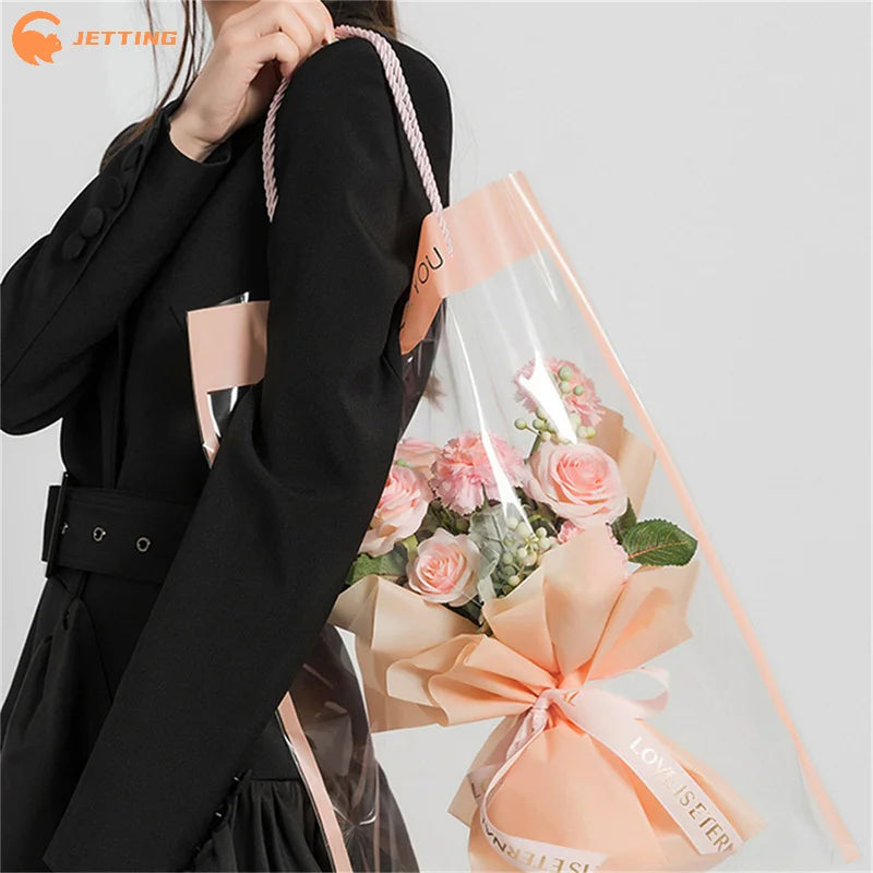 (New) 10Pcs Florist Plastic Bag Bouquet Gift Bag Packaging Bags Transparent Flowers Wrapping With Handle Party Supplies