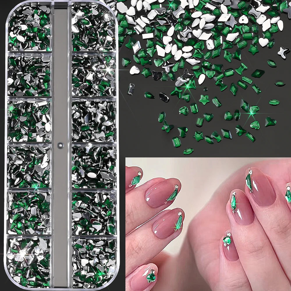 12Grids Ocean Gold Nail Art Charms Shell/Seahorse/Starfish White Half Round Pearl Gems 3D Mixed Punk Manicure Metal Rivets Studs