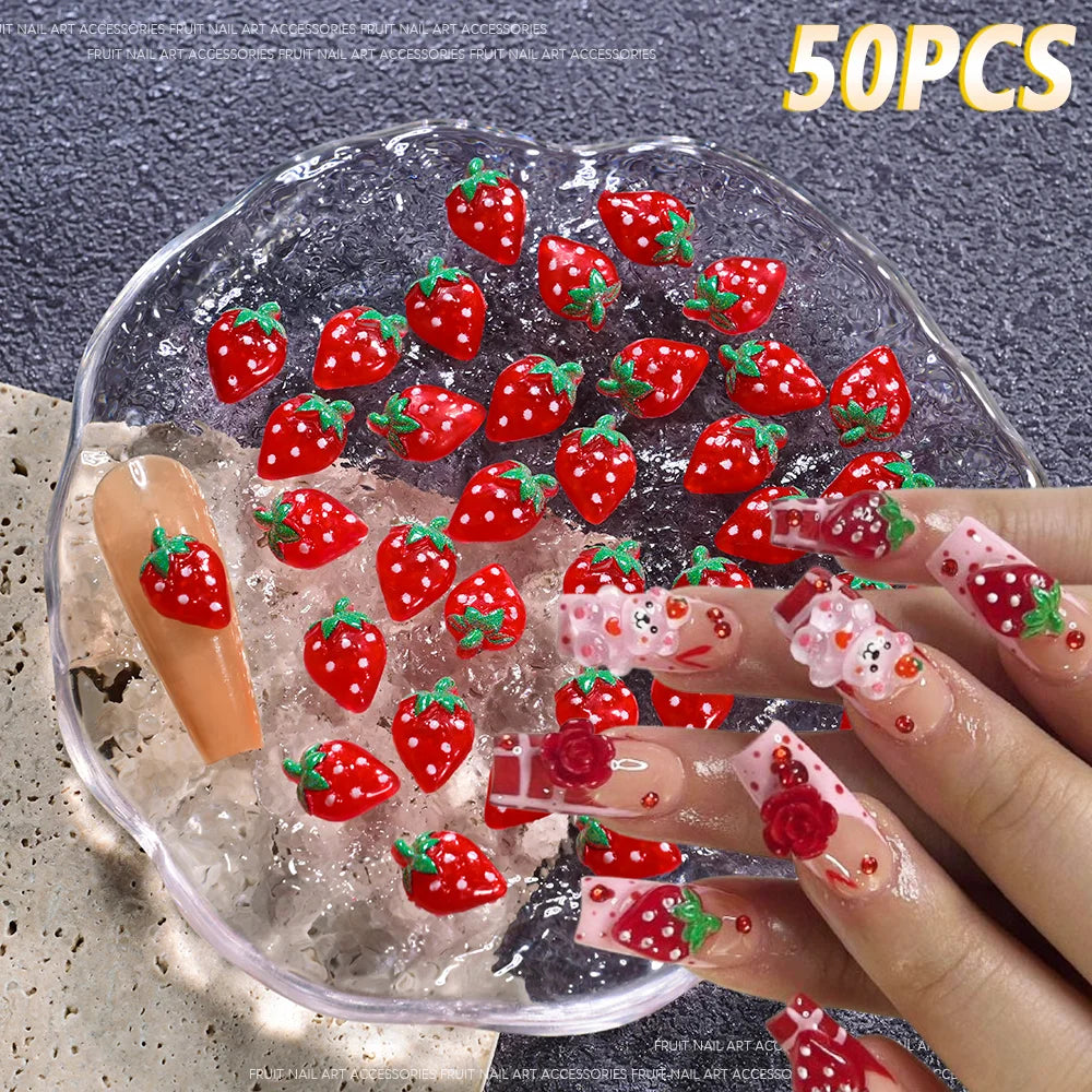 50Pcs 3D Cute Strawberry Nail Art Decorations Fashion Cartoon Fruits Nail Charms for Kawaii DIY Phone Case Crafts Manicure Parts