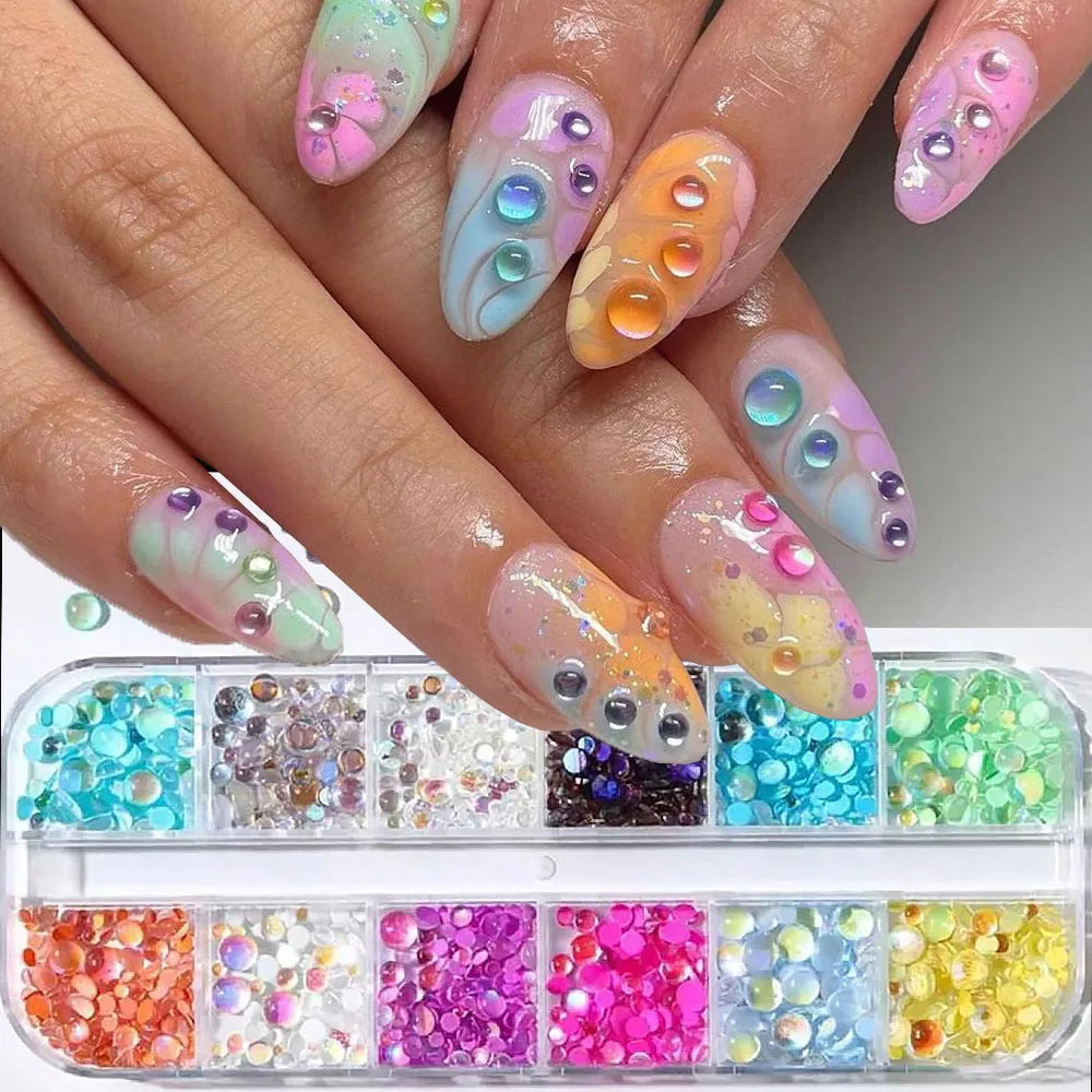 12 Grids Sparkling Aurora Flatback Mermaid Beads Nail Art Charms 3D Crystal Candy Bubble Beads DIY Kid Manicure Decoration Parts