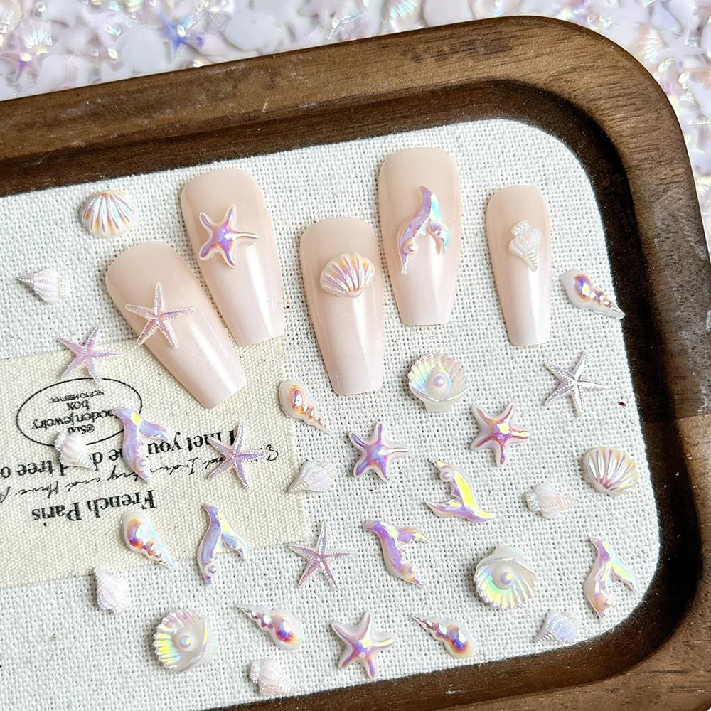 50pcs Mix Summer Beach Nail Rhinestones Ocean Theme Shell Starfish Manicure Charms Pink Ocean Gems Flat Back Nail Supplies