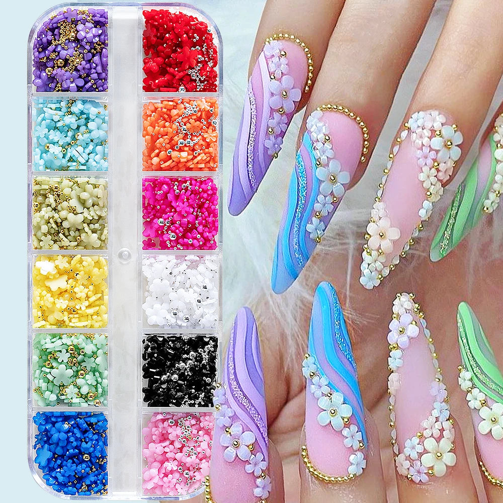 12Grids 3D Acrylic Flowers Nail Charms(with Steel Beads) Colorful Five-petal Flower Nail Art Decorations DIY Manicure Supplies &