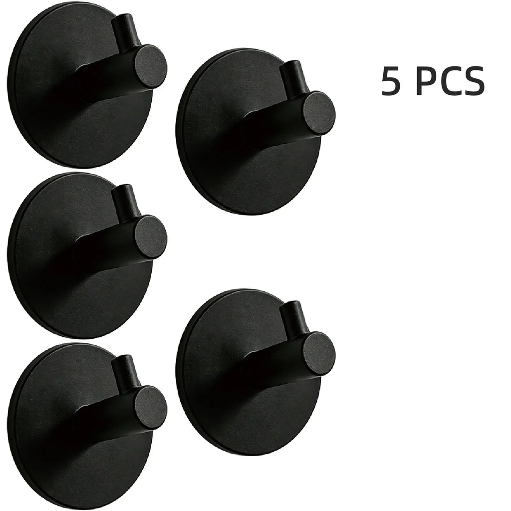 5 PCS Matte Black ABS Adhesive Wall Hooks Waterproof No Drill Heavy Duty Towel Hooks for Bathroom Shower Home Hanging