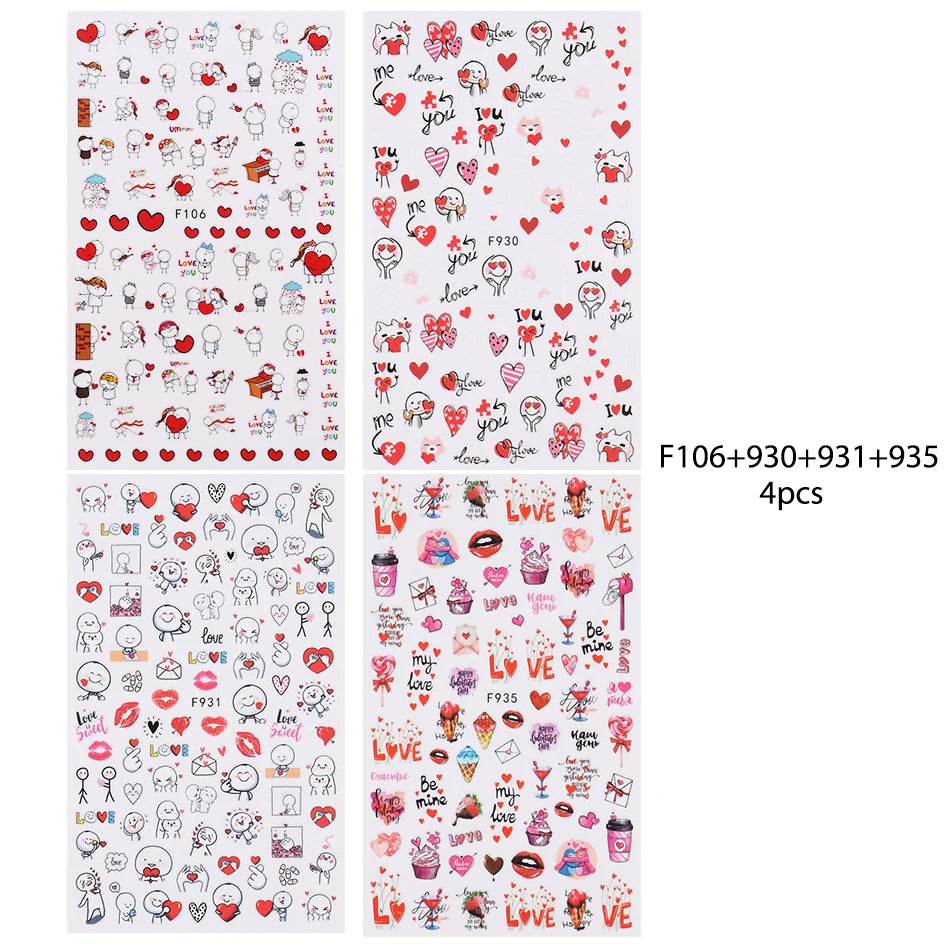 4pcs Valentine's Day Nails Stickers Cute Cartoon Love Heart Line Sliders for Nail DIY Design Self Adhesive Decals Manicure Decor