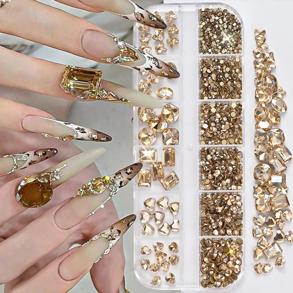 12Grids 3D Clear Glass Mutil-Shapes Nail Rhinestones + SS6-SS16 Round Diamond Crystals Luxury Heart Square Nail Art Gems Decorat