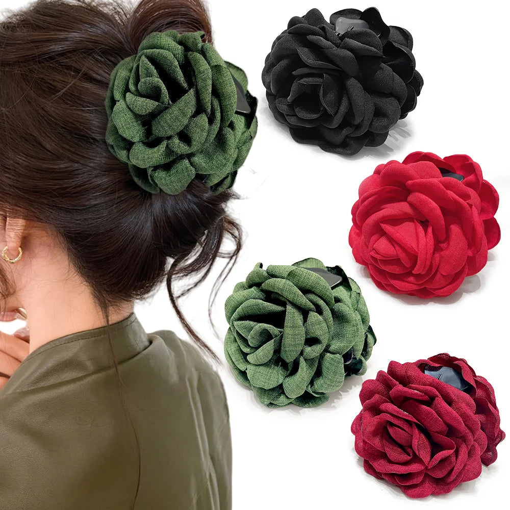 16 Colors Sweat Medium Size Cotton Fabric Rose Flower Hair Claw Clips for Women Korean Ctach Shark Clamp Hair Accessories 2024