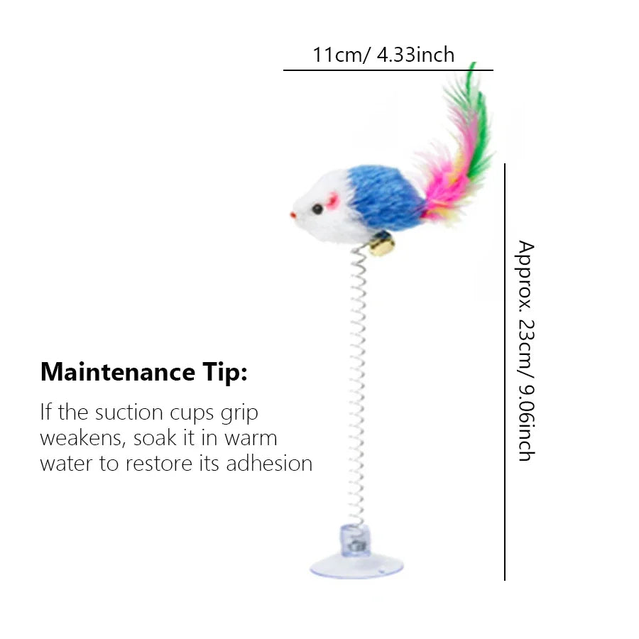 Swinging Mouse Toy - Suction Cup, Spring, and Feather Mouse Toy with Bell Sound, Interactive Cat Toy