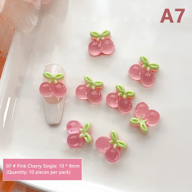 10pcs Nail Art Charms Resin Mini Cherry Strawberry Nail Art Flat Back Stone Figurines Scrapbook DIY Jewelry Decor Crafts