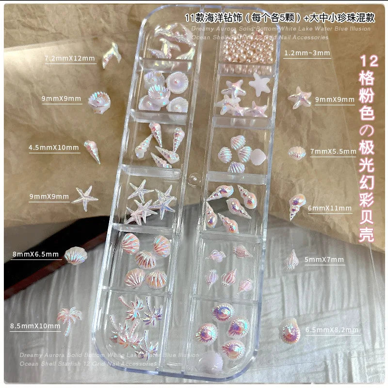 12 Grids Aurora AB White Blue Starfish Shell Conch Coconut Tree Pearl Nail Rhinestones Decorations Manicure Ocean Life Charms