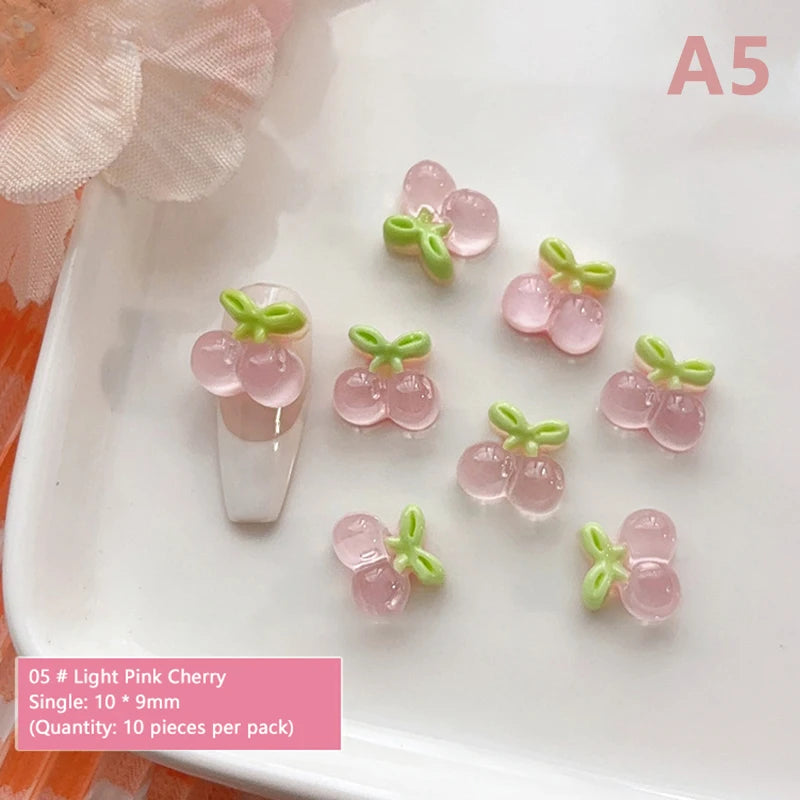 10pcs Nail Art Charms Resin Mini Cherry Strawberry Nail Art Flat Back Stone Figurines Scrapbook DIY Jewelry Decor Crafts