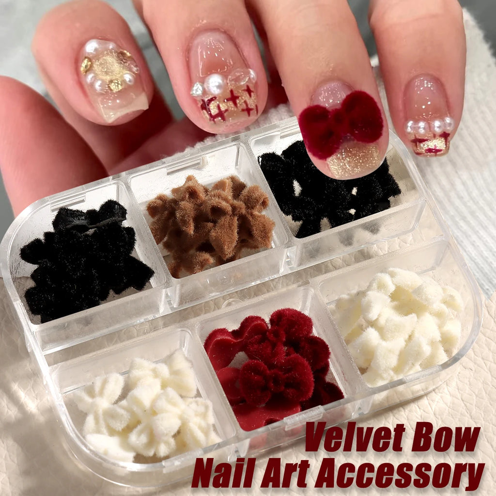 Valentine's Velvet Winter Wine Red Black Flocking Bow Design Nail Accessories DIY Bow Tie Heart Shape Nail Art Supplies Nail Art
