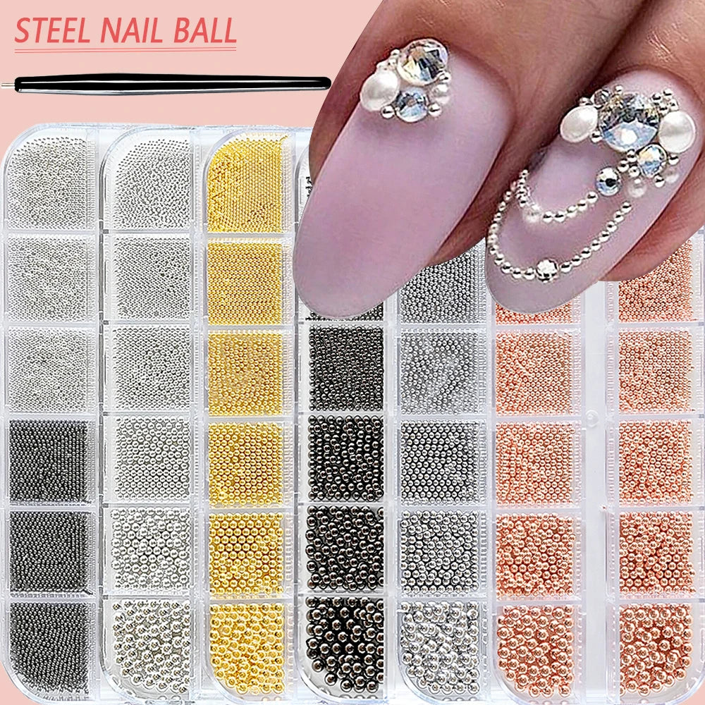 12Grids Gold/Silver Steel Beads Nail Art Charms Christmas Mixed-Size Caviar Bead With 1 Magnetic Pen Manicure Decor Rhinestones