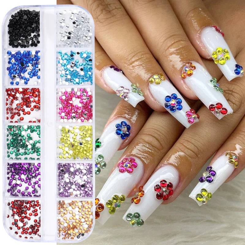 12 Grids 3D Mini Colorful Nail Rhinestones Elegant Rhombus Moon Star Heart Flower Multi Shape Flatback Gemstones Nail Art Decor
