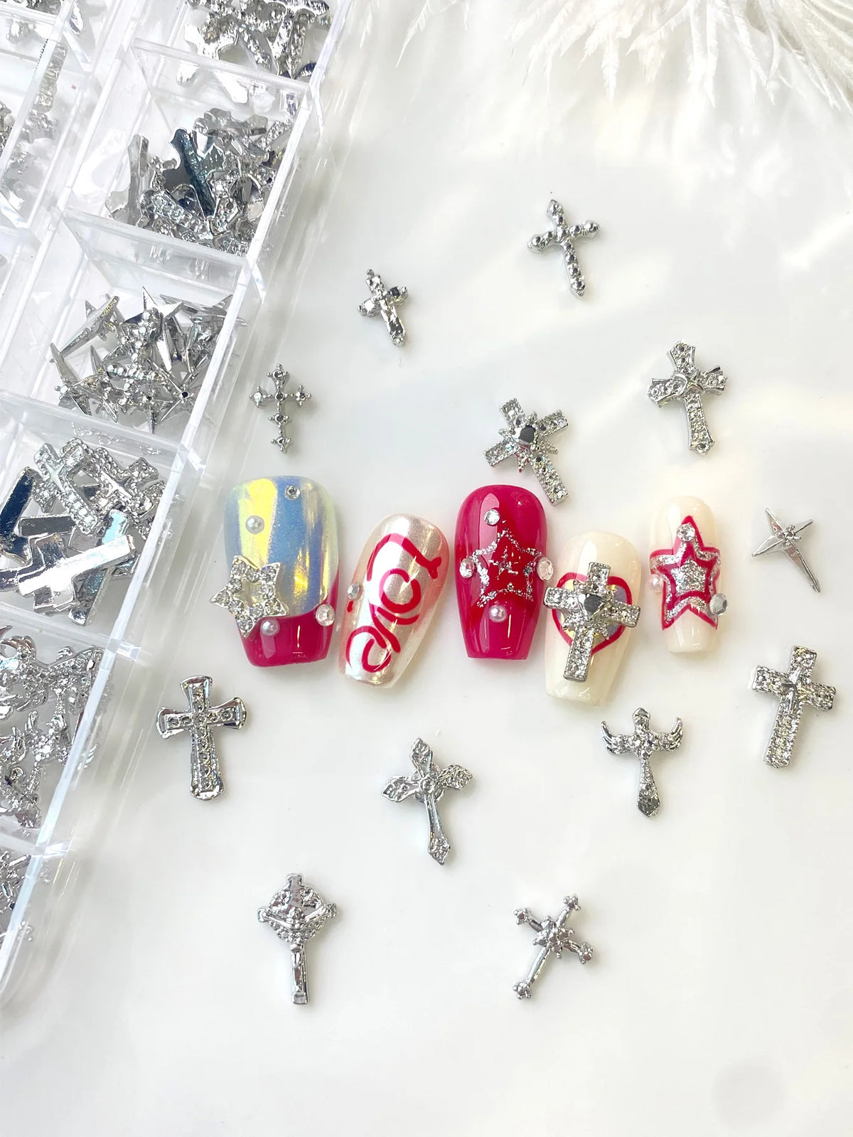 TSZS 12 Grids Y2K Silver Cross Nail Art Charms Mix Design Punk Starlight Cross with Wing Nail Decoration