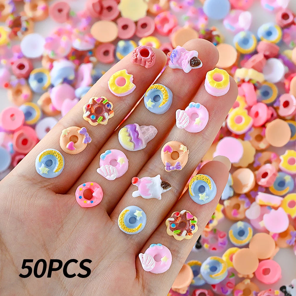 50Pcs 3D Mixed Cartoon Donuts Nail Art Charms Kawaii Dessert/Doughnut Nails Decorations for DIY Crafts Hair Manicure Accessories