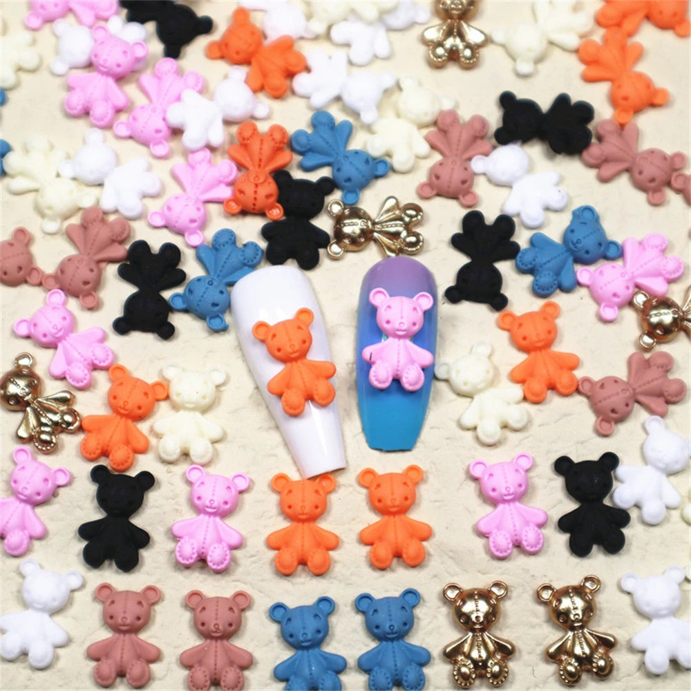 10pcs Pink Bear Nail Art Charms 3D Cute Cartoon 9 Colors Resin Bear Nail Jewelry Ornament DIY Kawaii Manicure Nail Accessories
