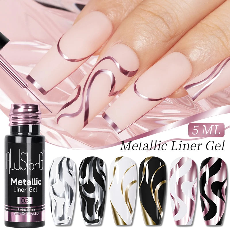 AWStorG 1/3 Pcs Metallic Liner Paint Gel Nail Polish Chrome Mirror Metal Effect Super Bright French  Semi Permanent  UV LED Gels