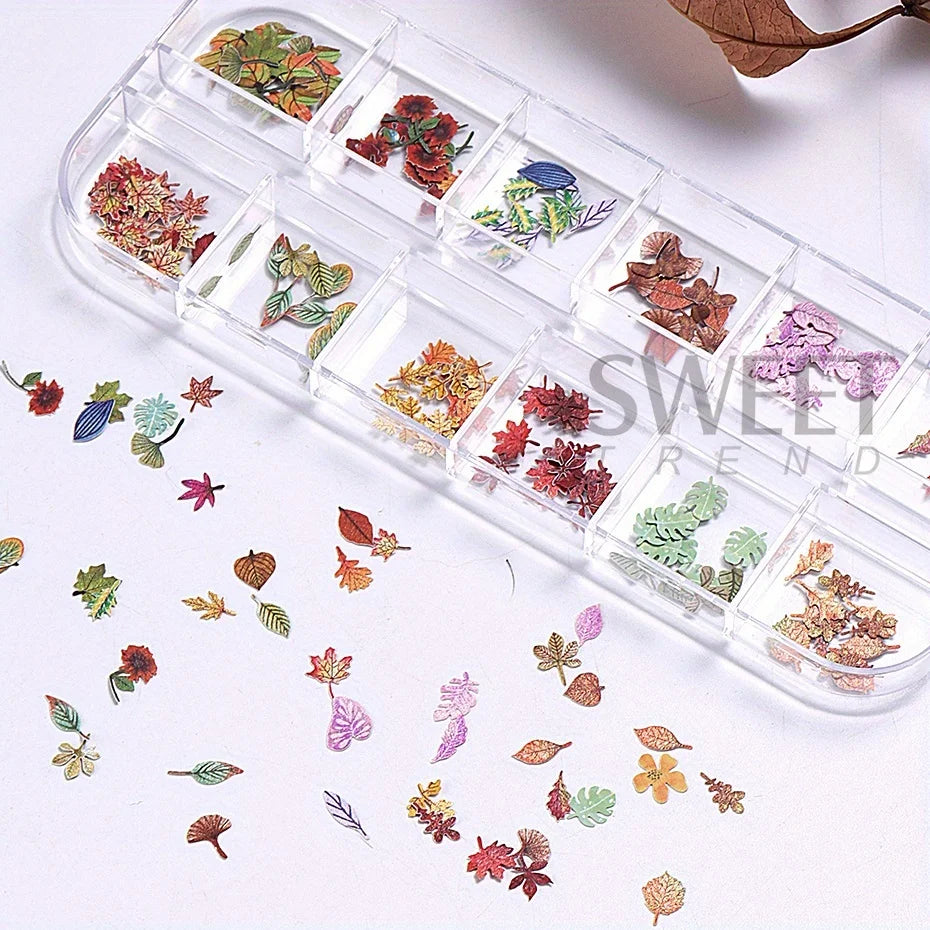 12 Grids Autumn Faux Maple Leaves Nail Sequins Set Simulated Fall Leaf Flakes Design Decor DIY Charm Manicure Accessories Slices