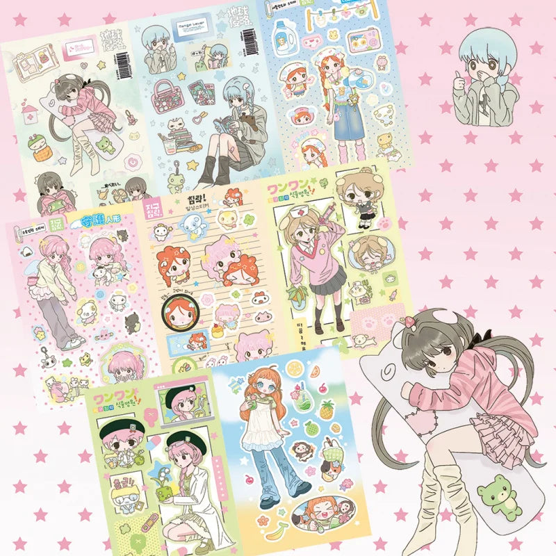 Cute Cartoon Girl Stickers Korea Anime Character Stickers Hand Account Phone Case Planner Diary Scrapbook DIY Decorative Sticker