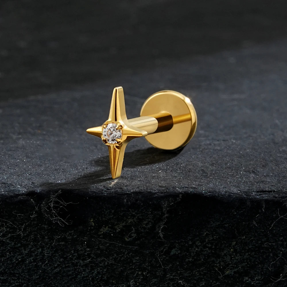 Right Grand ASTM F136 Titanium Four Point Star Flat Back Stud 16G Tiny CZ Cartilage Earring Helix Tragus Nose Piercing Jewelry