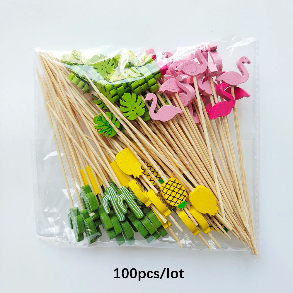 100/50Pcs Hawaii Party Cocktail Sticks Bamboo Skewers for Salad Dessert Disposable Forks Buffet Fruit Birthday Party Wedding