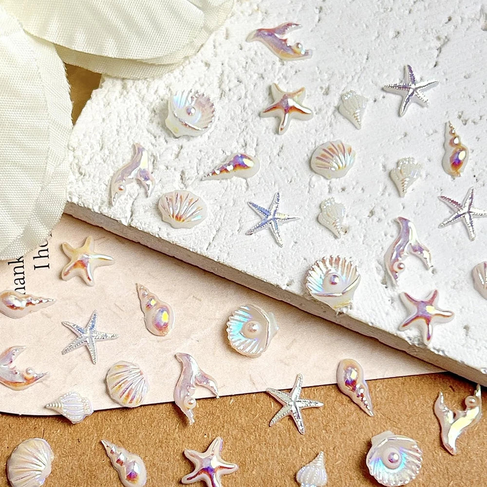 50pcs Mix Summer Beach Nail Rhinestones Ocean Theme Shell Starfish Manicure Charms Pink Ocean Gems Flat Back Nail Supplies