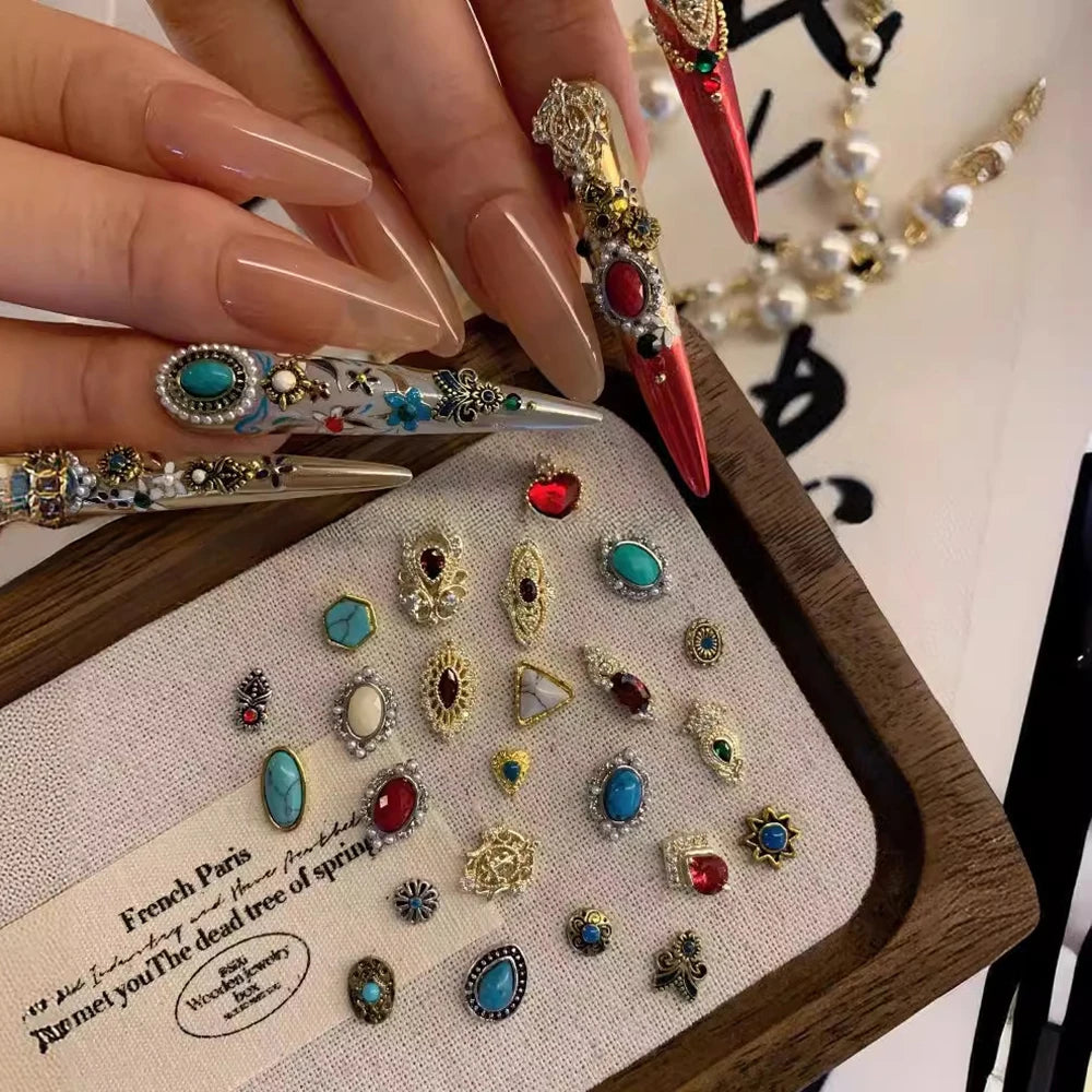 20pcs Bohemia Nail Art Charms Retro Mixed Alloy Turquoise Totem Nail Diamonds 3D  Marble Gems for Manicure DIY Decorations