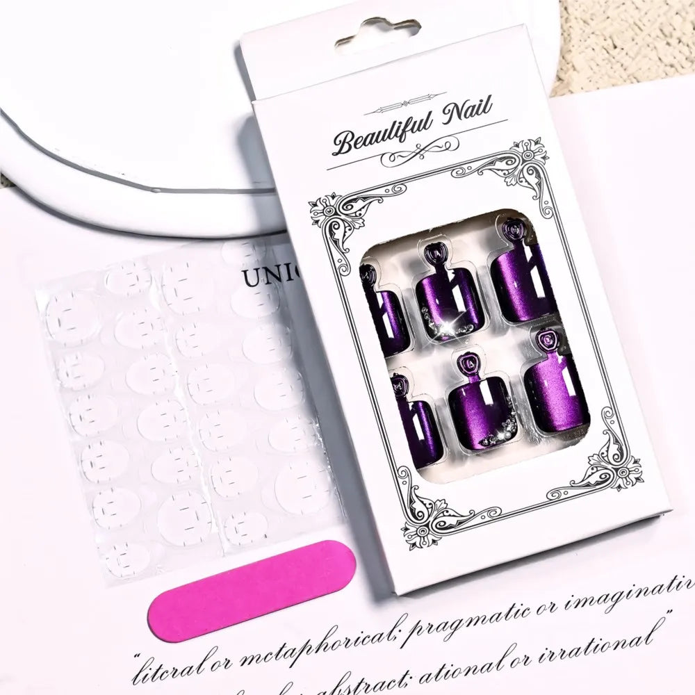 24pcs Glossy Purple Cat Eye Short Square Press On Toenails Shiny Diamond French False Toe Nails Full Cover Acrylic Toenails DR4@