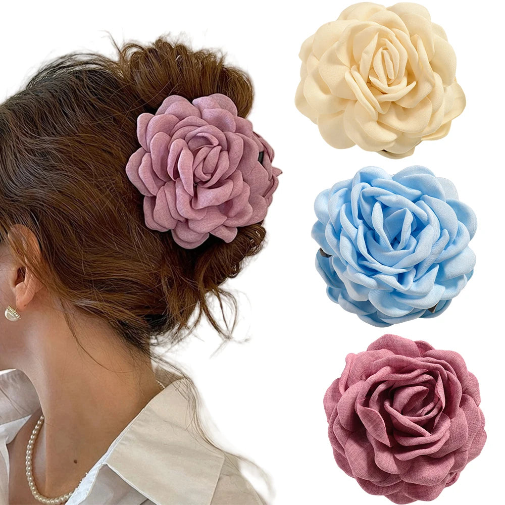 16 Colors Sweat Medium Size Cotton Fabric Rose Flower Hair Claw Clips for Women Korean Ctach Shark Clamp Hair Accessories 2024