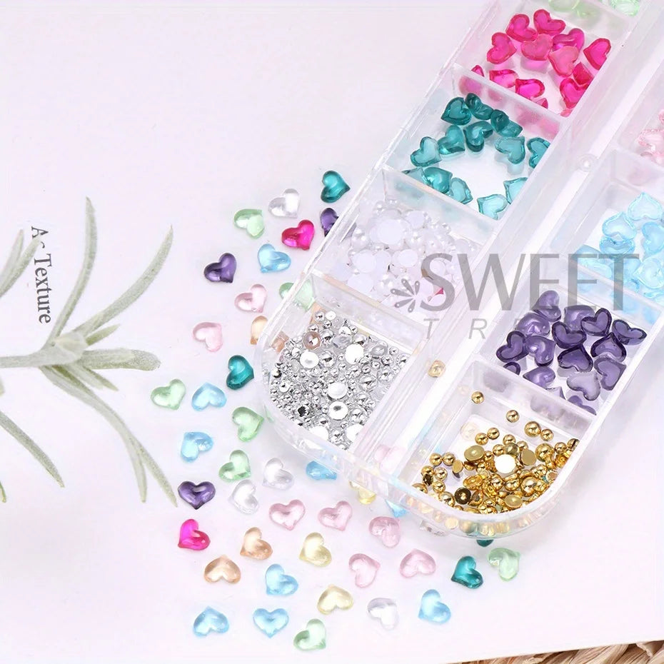 12 Grids Heart Shape Nail Art Charms Transparent Love Heart Resin Jewelry Pearl Half Bead Valentine's Decor Manicure Rhinestone