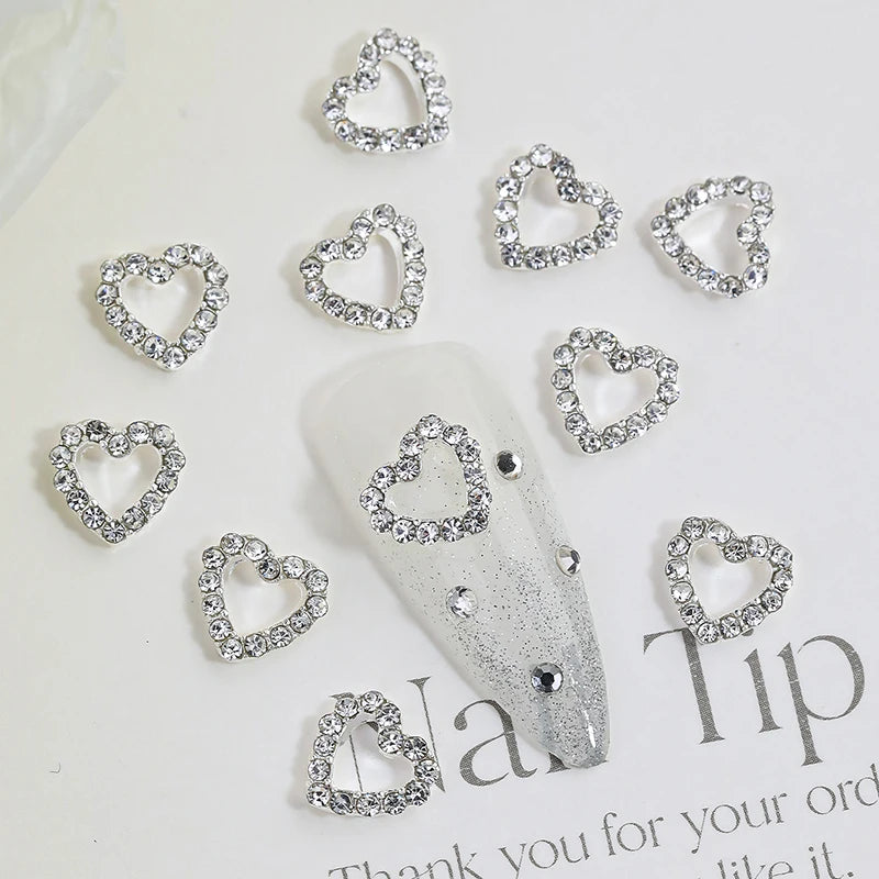 10pcs Silver Diamond Heart Shape Nail Art Charms 3D Nail Alloy Hollow-Out Crystal DIY Manicure Art Decoration Accessories