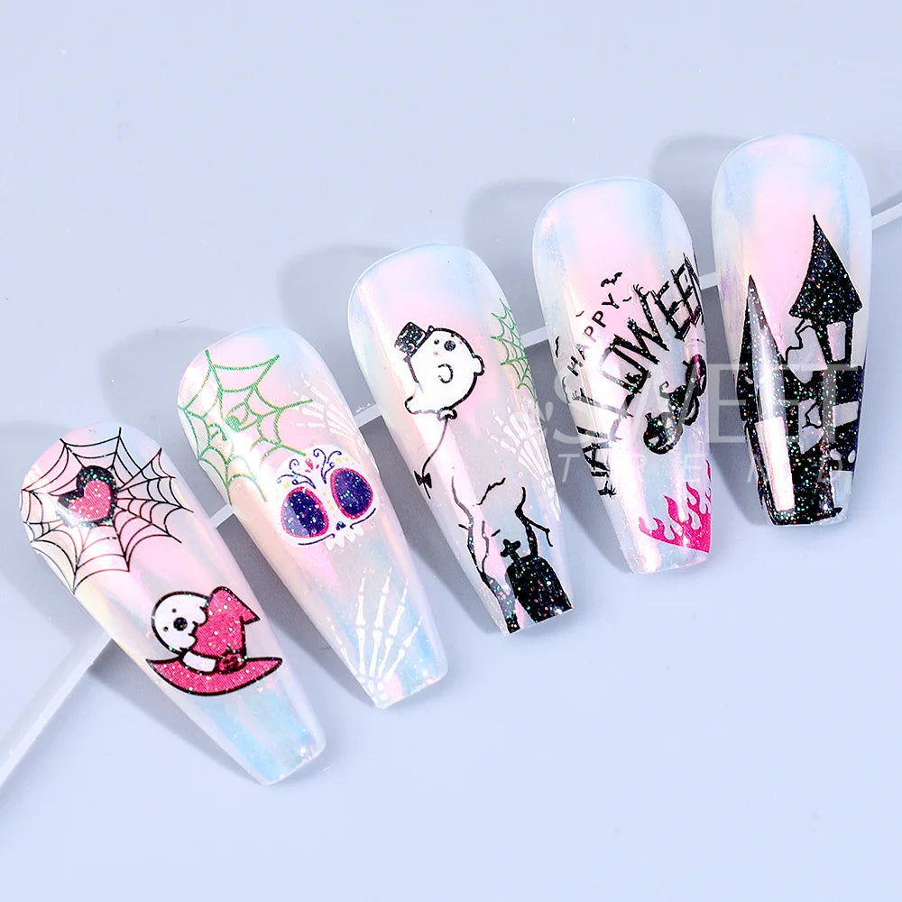 SWEET TREND-12pcs 3D Halloween Nail Stickers Cute Pumpkin Ghost Spider Skull Bow Flower Design Nail Slider Decals Manicure Decor