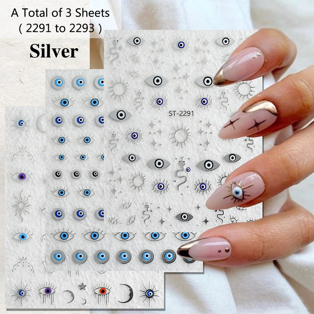 3/6/12 Sheets Gold Silver Evil Eye Nail Art Stickers Moon Star Sun Protection Nail Decals for Women DIY Boho Nail Design