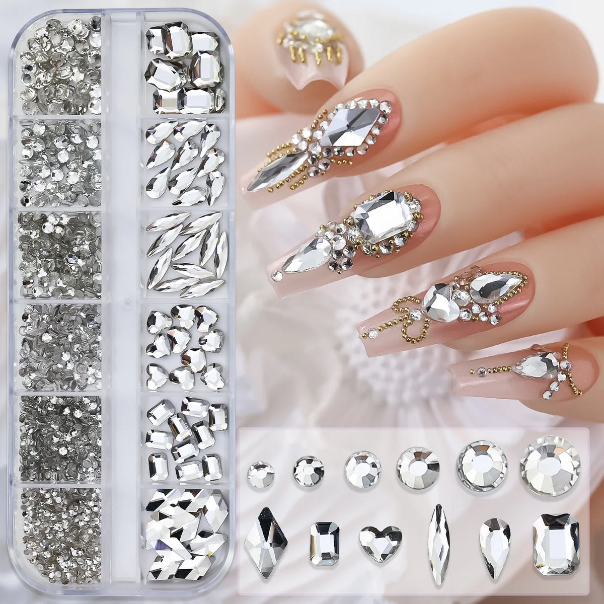12 Grids Hot Selling Rhinestones Nail Art Charms 3D Set Multi-shapes Colorful Flatback Diamonds Nail Decoration DIY Nail Parts