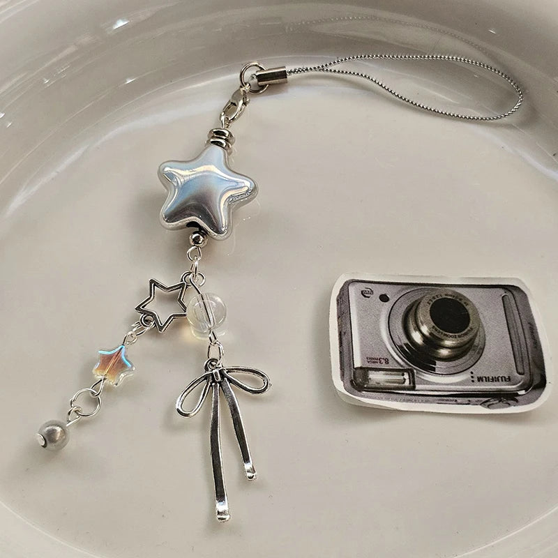 1pcs Cellphone Lanyard Keychain For Phone Style Metal Silver Star Bow Pendant Phone Charm Strap Sweet Cool Girl Pendant