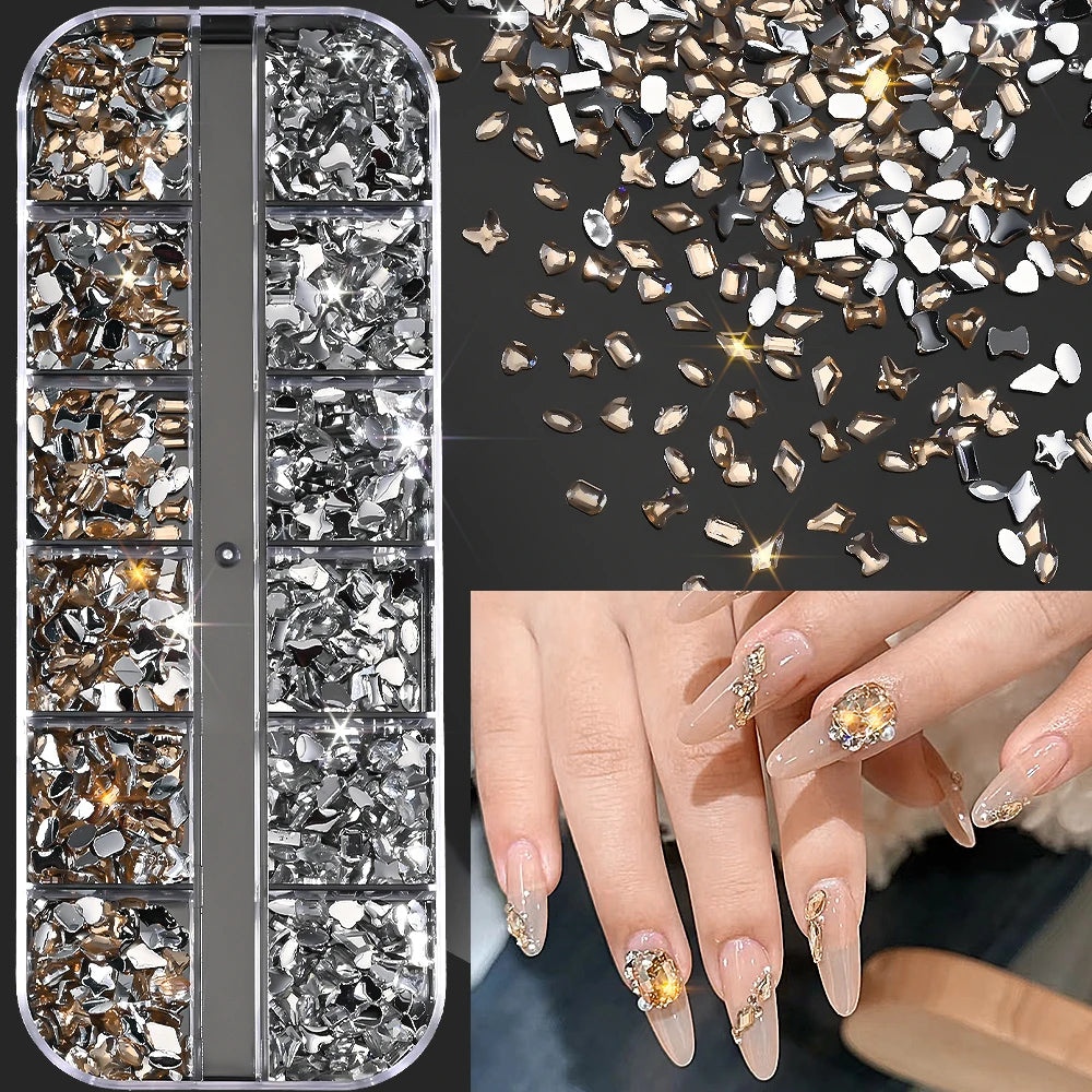 12Grids Ocean Gold Nail Art Charms Shell/Seahorse/Starfish White Half Round Pearl Gems 3D Mixed Punk Manicure Metal Rivets Studs