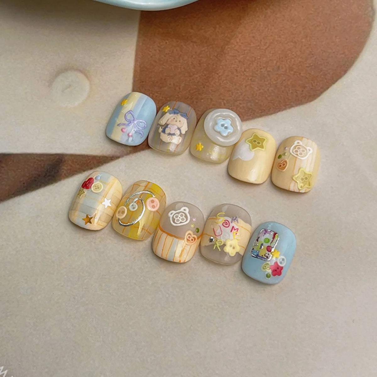 SUMMER Cute 5D Nail Art Sticker Color Button Bear Head Heart Star Bow Plaid Line Childlike Style Self Adhesive Decals Sweet DIY