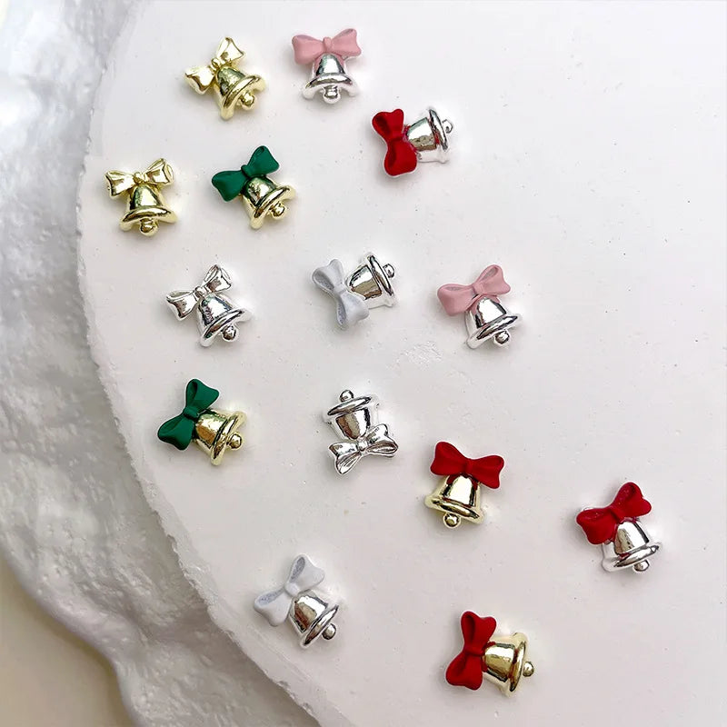 10pc 3D Christmas Bell Nail Art Charms Accessory Bow Gold and Silver Alloy Exquisite Bell Luxury Nails Decorations Supplies DIY