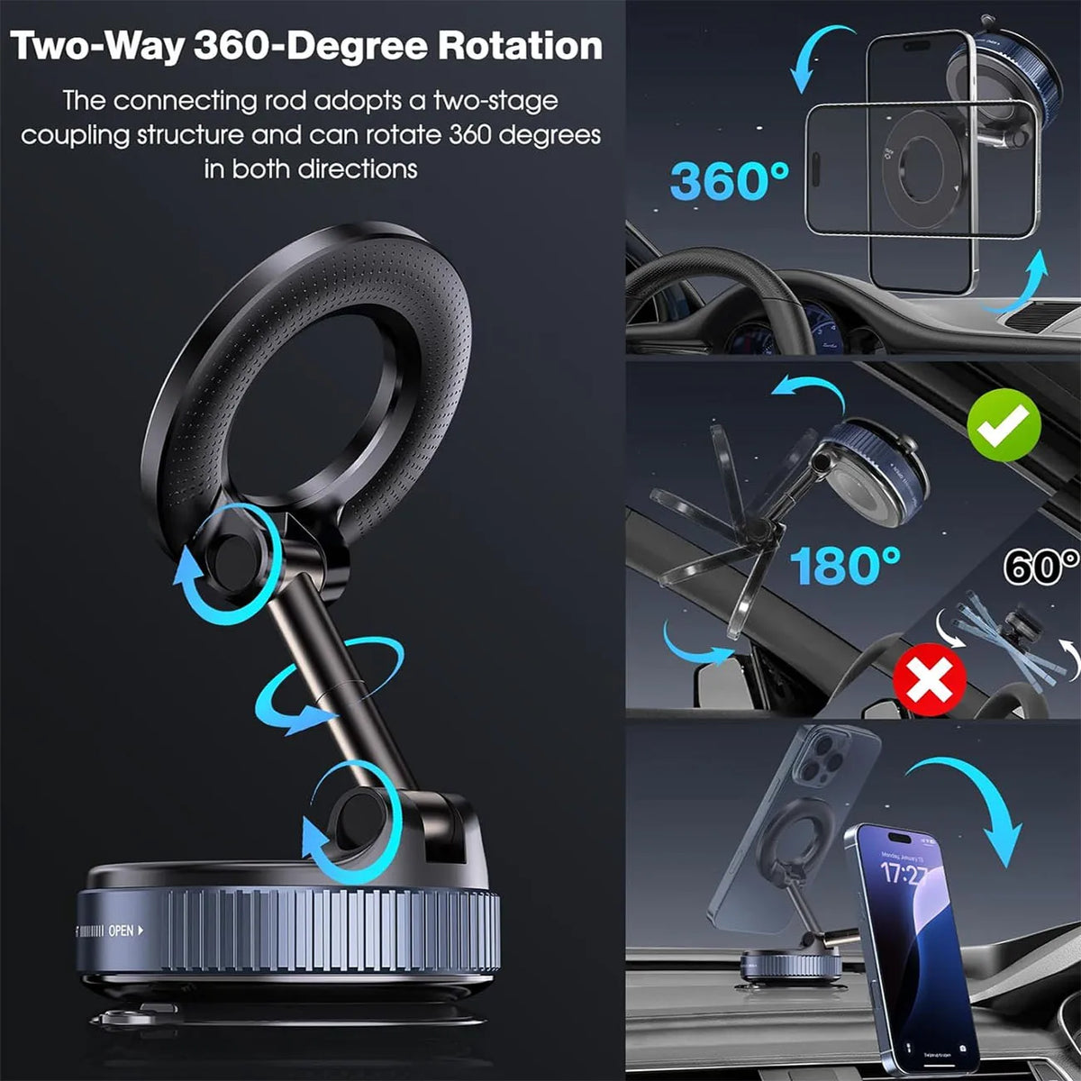 360° Adjustable Magnetic Vacuum Suction Cup Phone Mount for MagSafe Pocket-Size Foldable for Mirrors Cars Gyms Smooth Surface