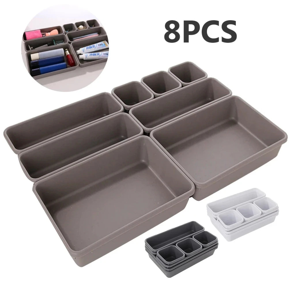 Premium 8Pcs Adjustable Drawer Organizer Box Set  Ideal for Storing Makeup, Sundries, Kitchenware, Bathroom Essentials & Jewelry