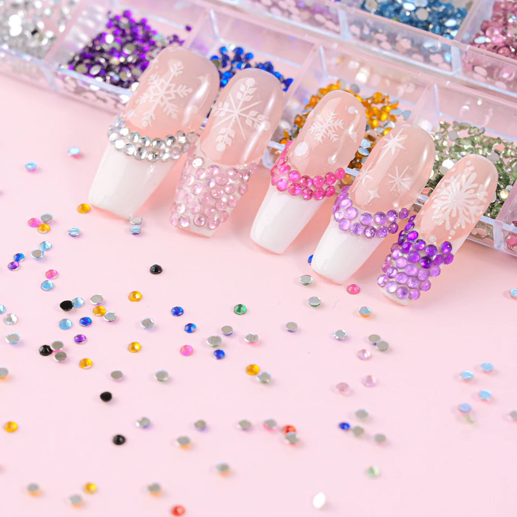 12Grids Colorful Mixed Glitter Nail Rhinestones Sparkly 2mm Mini Acrylic Flatback Diamonds Pink/Clear/Green Gems Manicure Parts