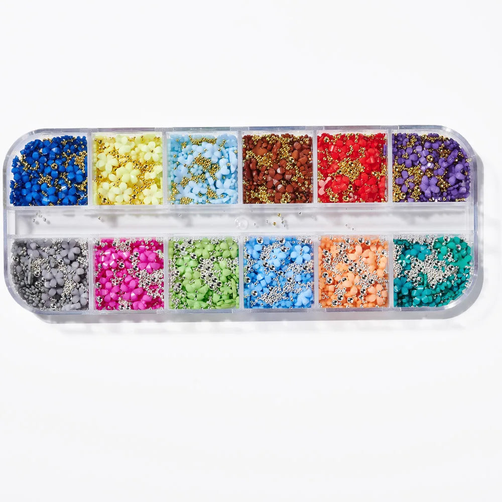 12Grids 3D Acrylic Flowers Nail Charms(with Steel Beads) Colorful Five-petal Flower Nail Art Decorations DIY Manicure Supplies &