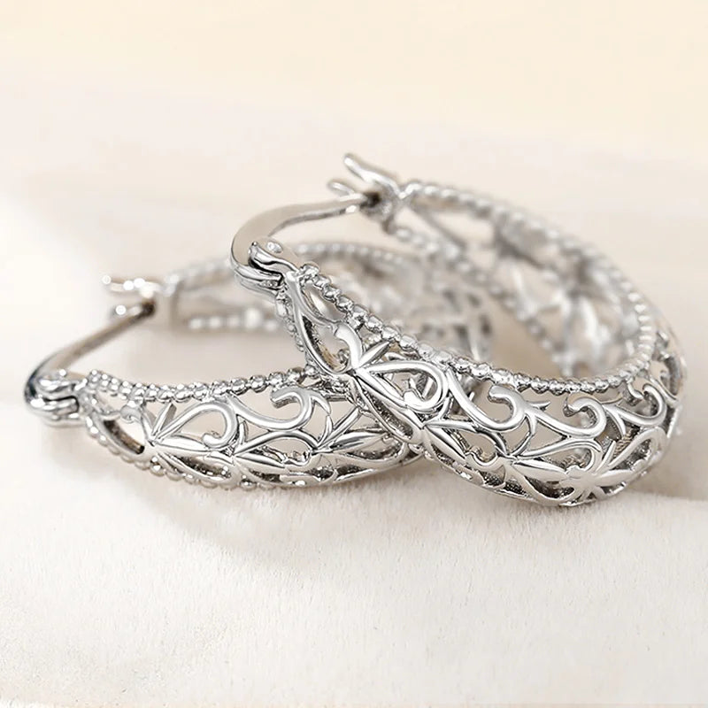 Huitan Graceful Hollow-out Design Hoop Earrings Lady Elegant Delicate Accessories for Anniversary Metal Silver Color Jewelry