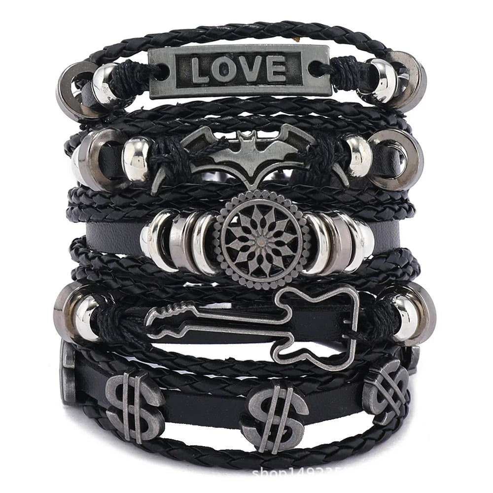 1Set Black Punk Skull & Star Shaped Alloy & Pu Leather Bracelet